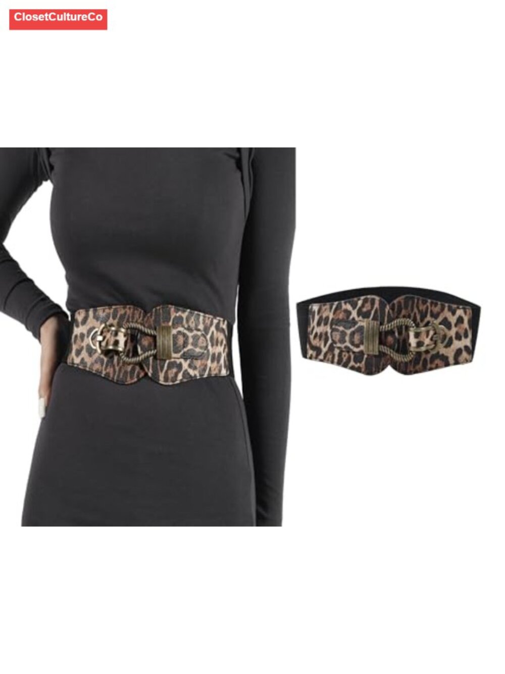 Wide Cinch Belt Leopard Print Faux Leather Waistband for Dress